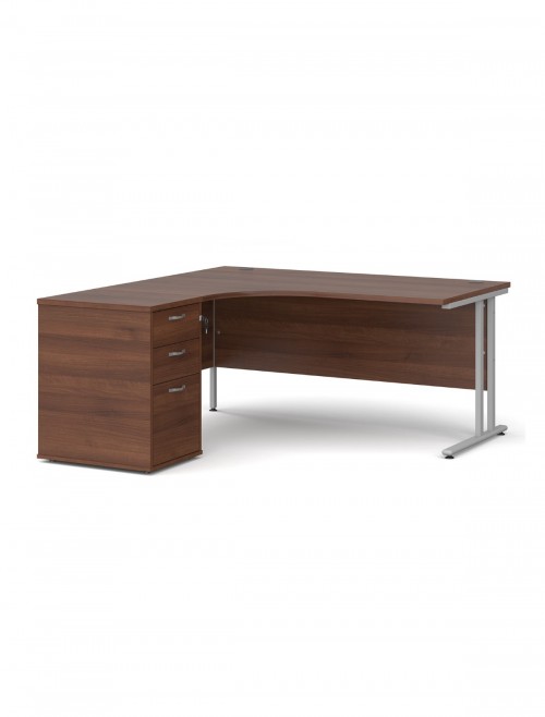 Left Ergo Walnut Office Desk 1600mm Wide Maestro 25 and Desk High Pedestal EBS16LW by Dams