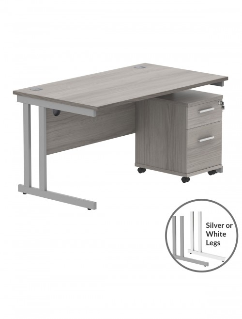 TC Core 1400mm Straight Desk Alaskan Grey Oak and Mobile Pedestal Bundle COREBUNDU1480GOAKSV2